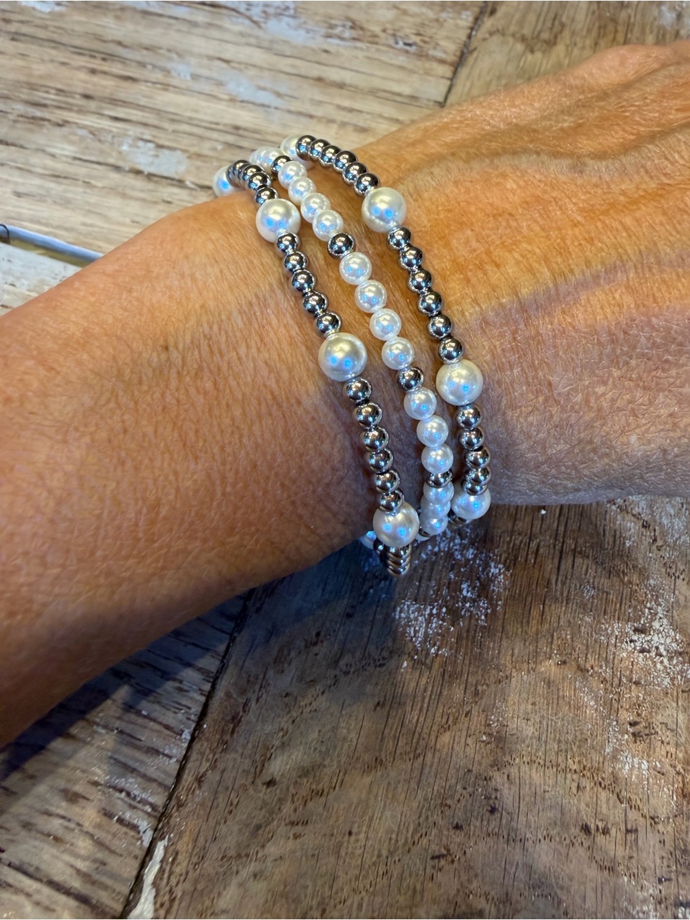 Pearl and Silver Bead Wrap Bracelet - White/Silver